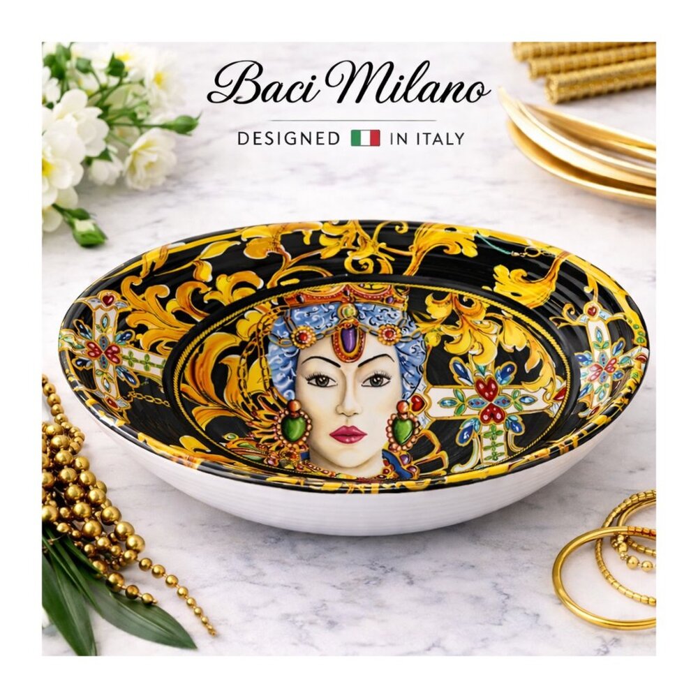 Baci Milano Oval Serving Bowl Baroque Rococo Black Gold Sicily Melamine